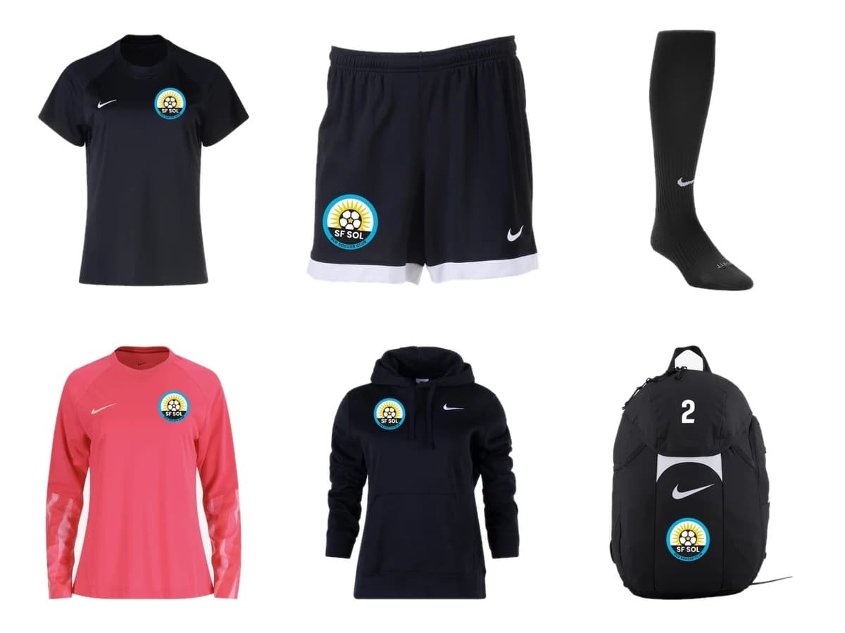 Competitive kit flat-lay — jersey, shorts, and socks on top, with the separately-available goalkeeper jersey, club hoodie, and team backpack below, all SF SOL branded Nike gear
