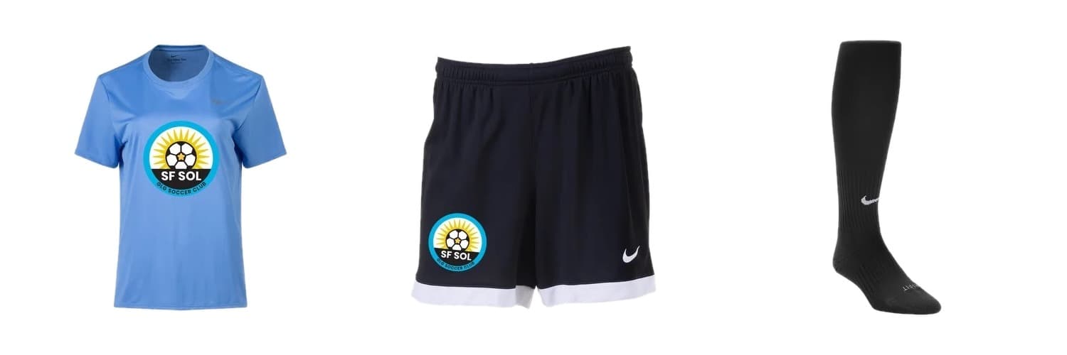 Recreational kit flat-lay — blue game jersey, black shorts, and socks, all SF SOL branded Nike gear